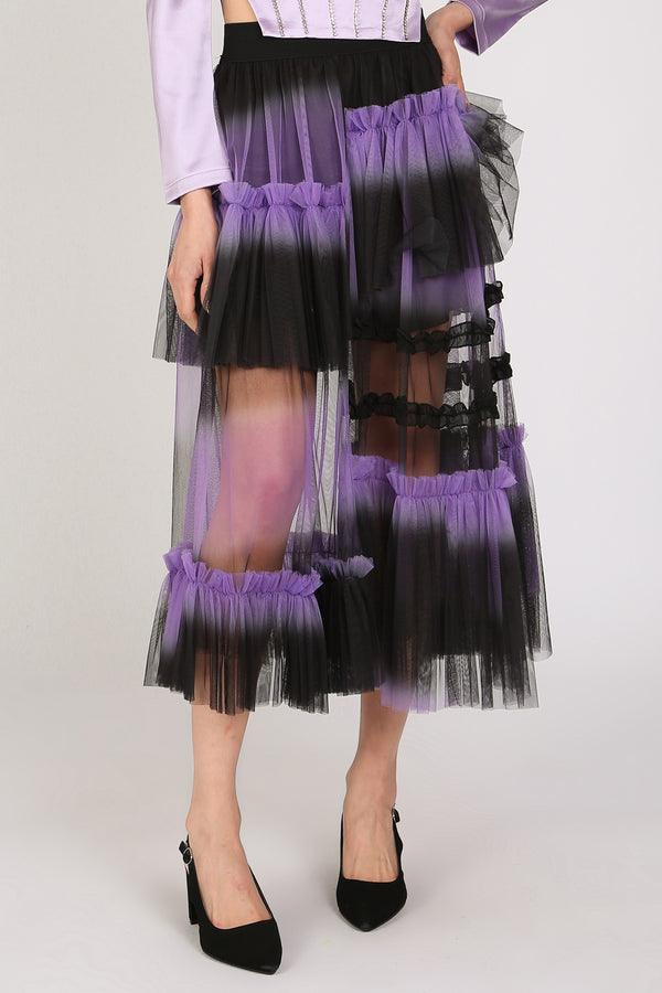 Katya Asymmetrical Tiered Ruffles Frill Mesh Midi Skirt