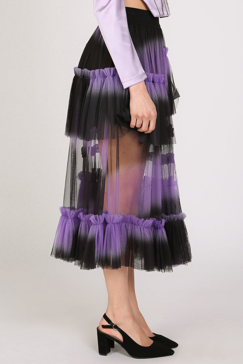 Katya Asymmetrical Tiered Ruffles Frill Mesh Midi Skirt