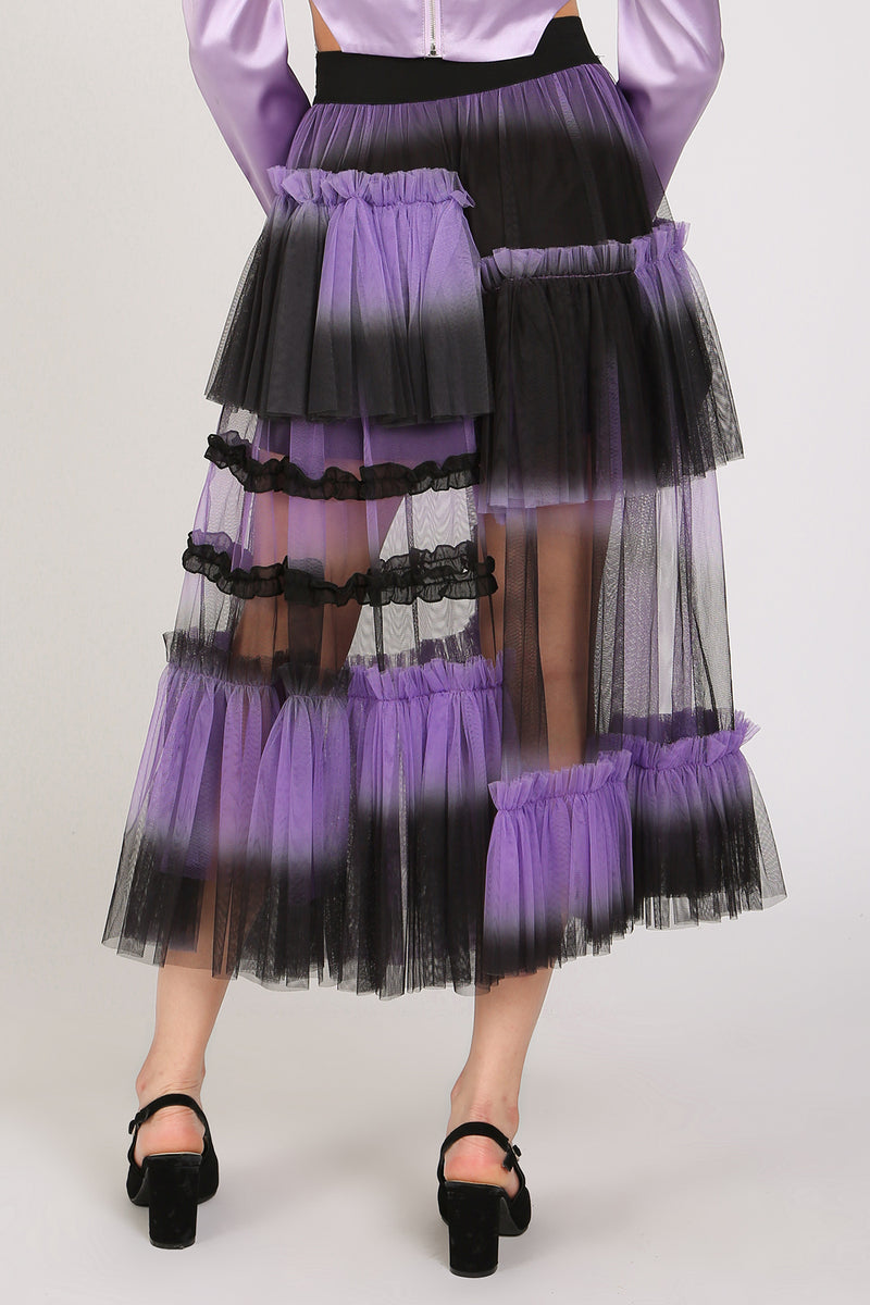 Katya Asymmetrical Tiered Ruffles Frill Mesh Midi Skirt