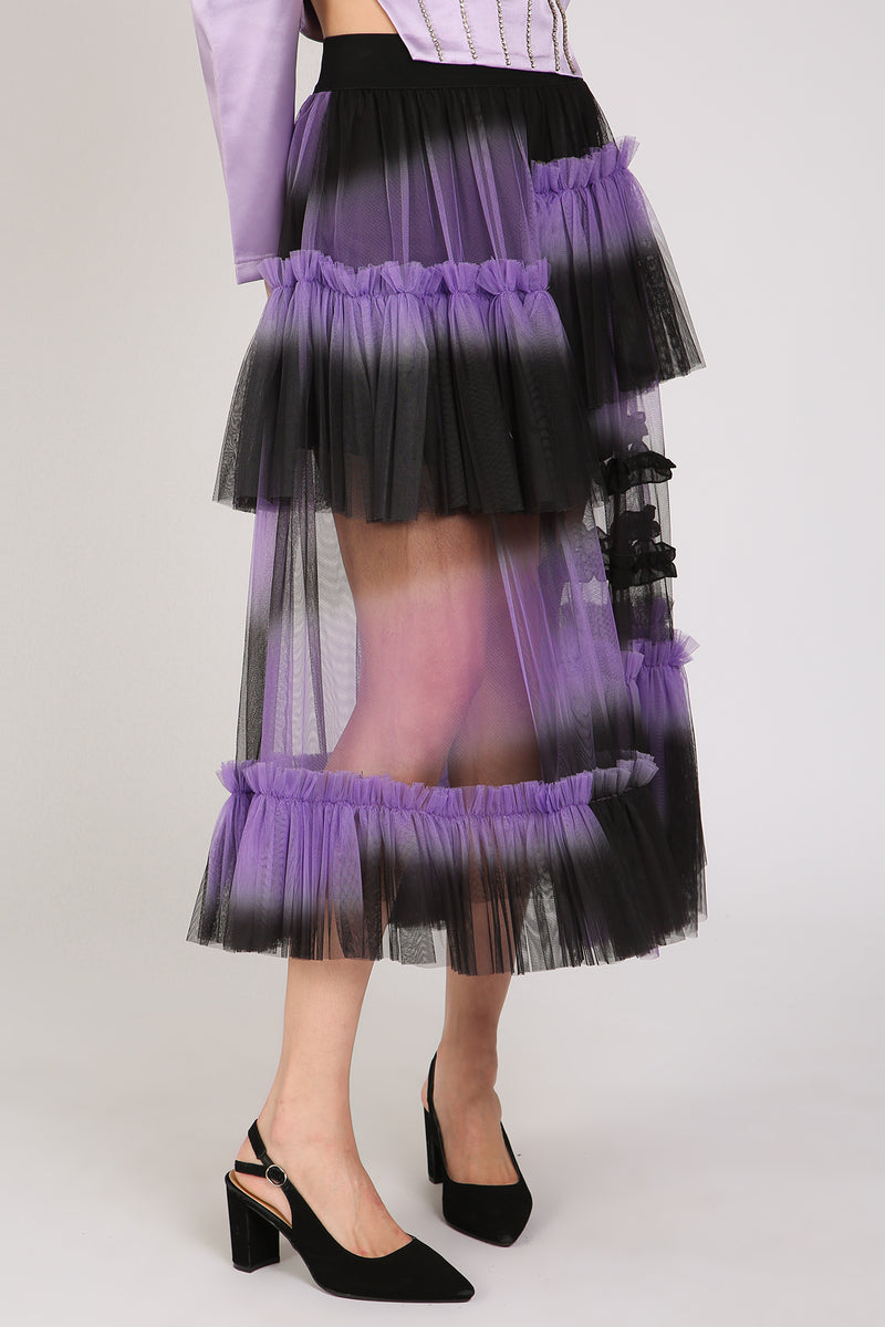 Katya Asymmetrical Tiered Ruffles Frill Mesh Midi Skirt