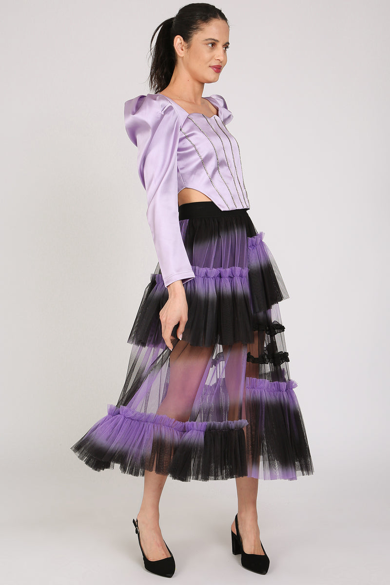 Katya Asymmetrical Tiered Ruffles Frill Mesh Midi Skirt