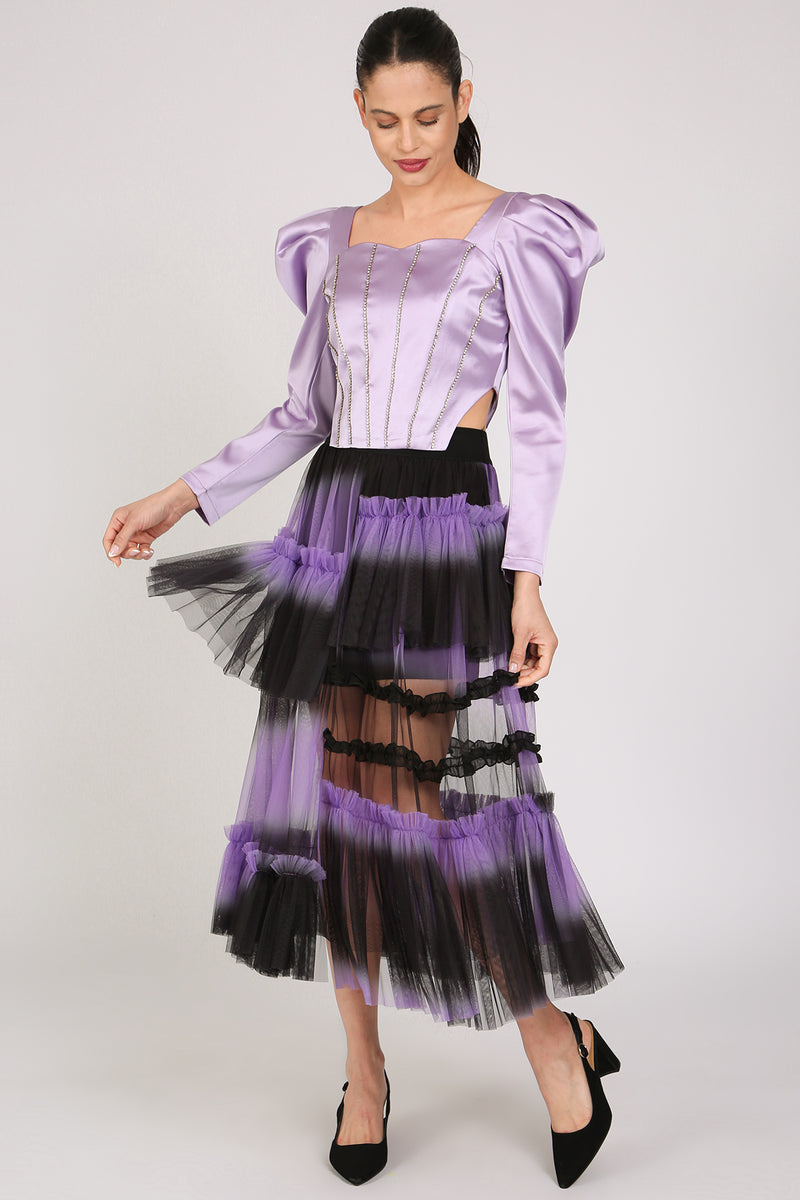 Katya Asymmetrical Tiered Ruffles Frill Mesh Midi Skirt