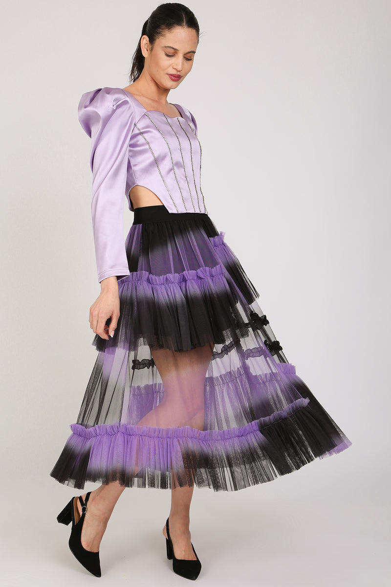 Katya Asymmetrical Tiered Ruffles Frill Mesh Midi Skirt