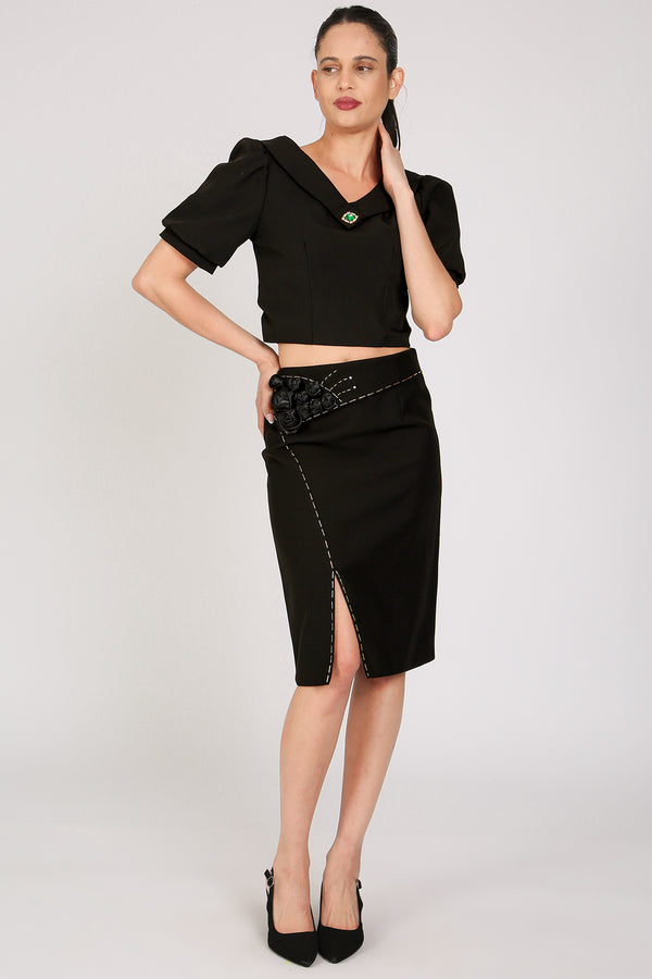 Tracy Satin Floral Applique Front Slit Pencil Midi Skirt