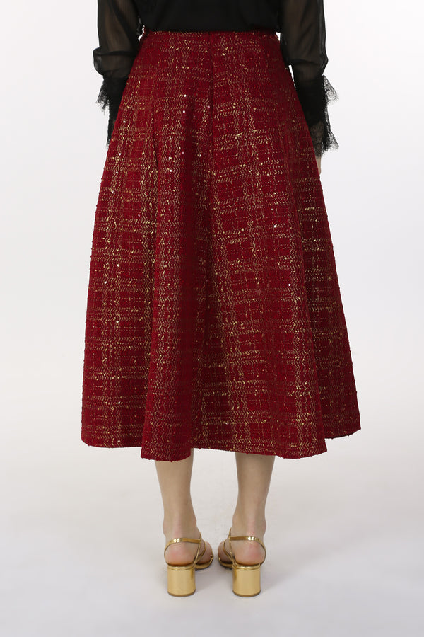 Scarlet Tweed With Gold Painting Detail Flared Long Skirt - Shop Beulah Style