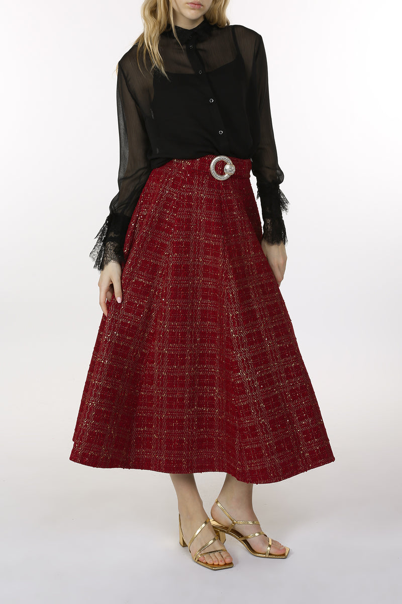 Scarlet Tweed With Gold Painting Detail Flared Long Skirt - Shop Beulah Style