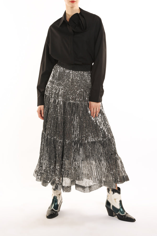 Kailey Sequin Detail Ribbed Tiered Long Skirt - Shop Beulah Style