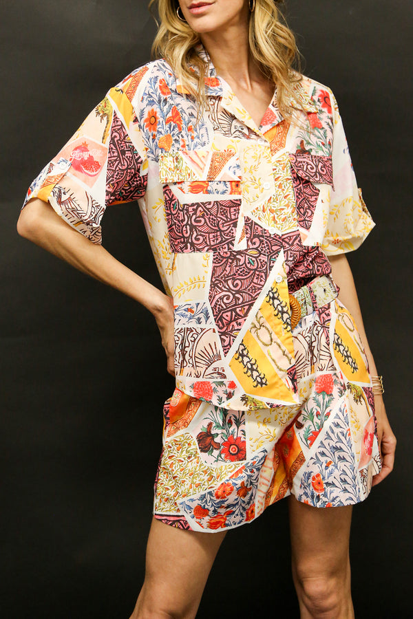 Grant Multi Print V-Neck Blouse & Shorts Set