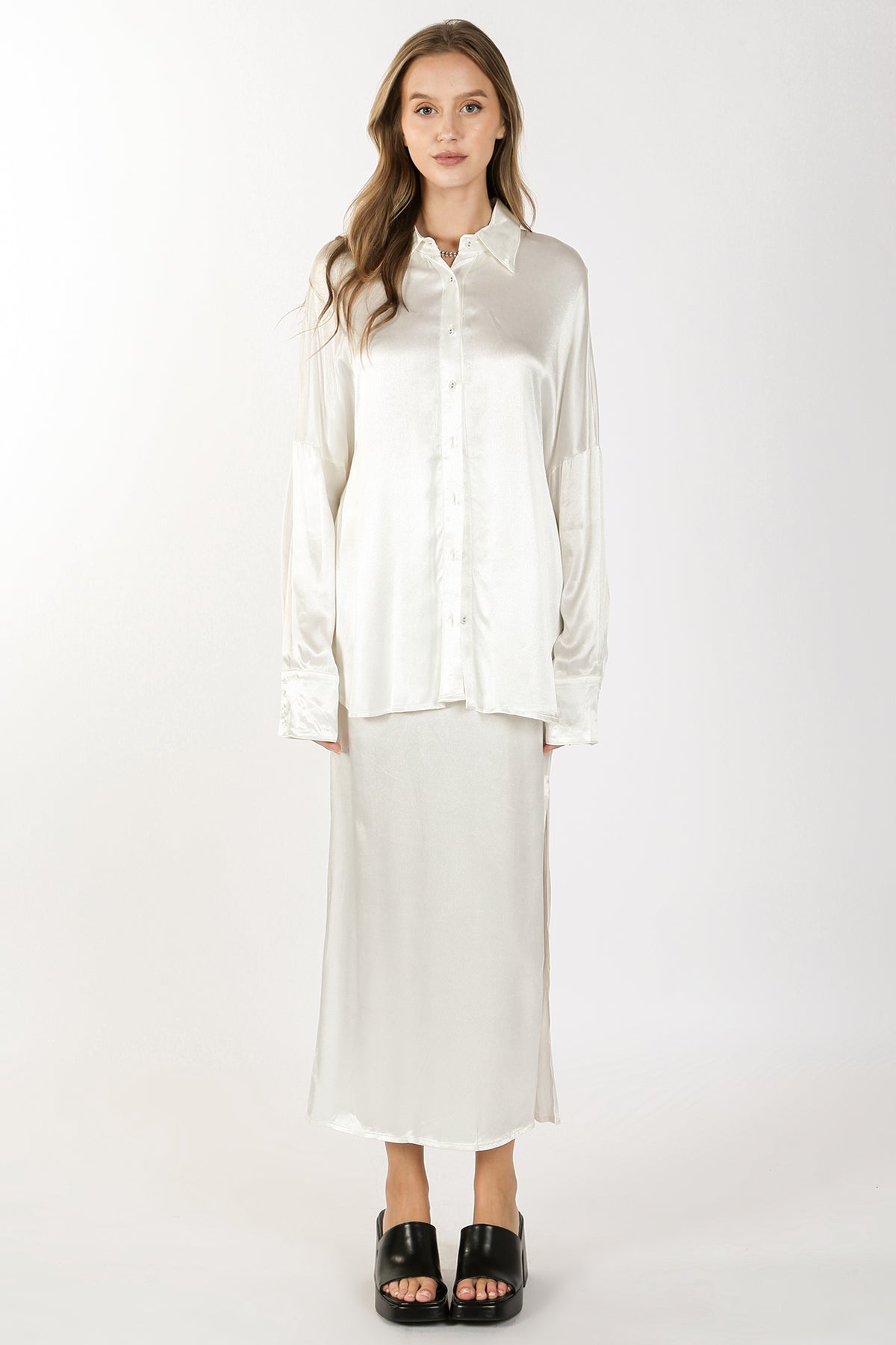 Mara Silk-Blended Satin Shirt & Slit Maxi Skirt Set - Shop Beulah Style
