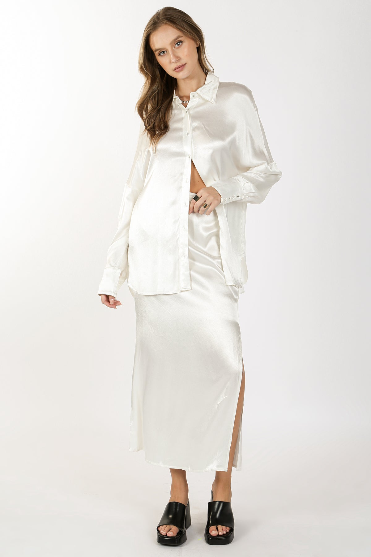 Mara Silk-Blended Satin Shirt & Slit Maxi Skirt Set - Shop Beulah Style