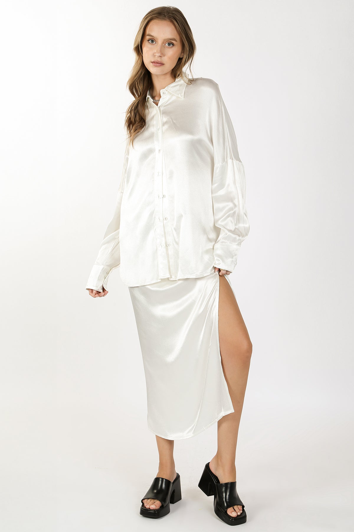 Mara Silk-Blended Satin Shirt & Slit Maxi Skirt Set - Shop Beulah Style
