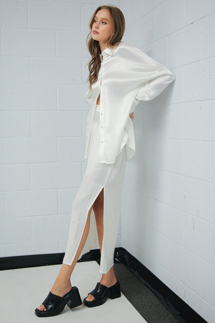 Mara Silk-Blended Satin Shirt & Slit Maxi Skirt Set - Shop Beulah Style