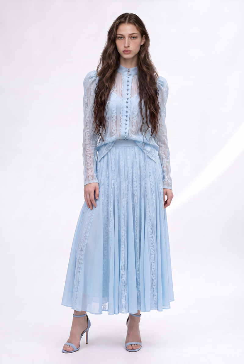 Lace Inset Button Front Blouse And Pleated Maxi Skirt Set