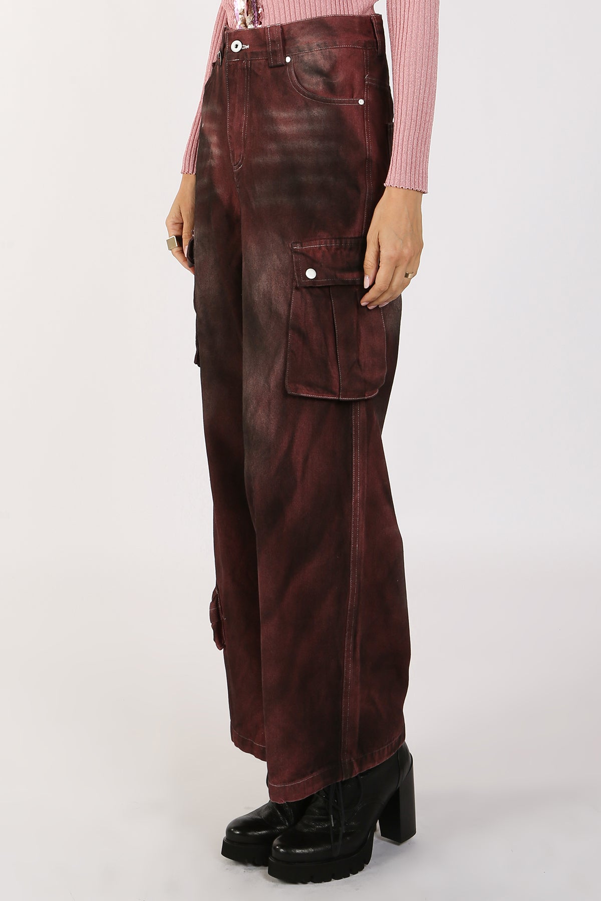 Lucia High Waist Faded Cargo Denim Pants - Shop Beulah Style