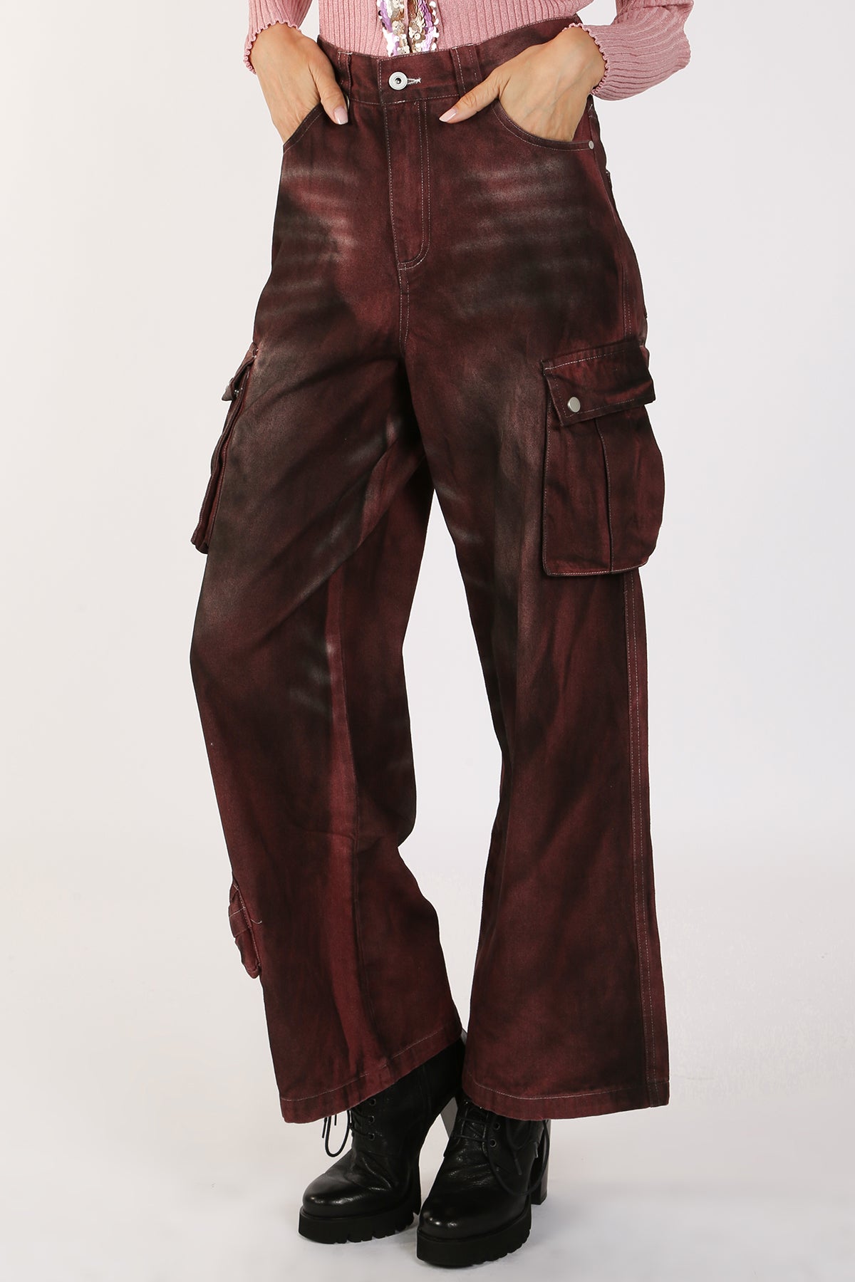 Lucia High Waist Faded Cargo Denim Pants - Shop Beulah Style