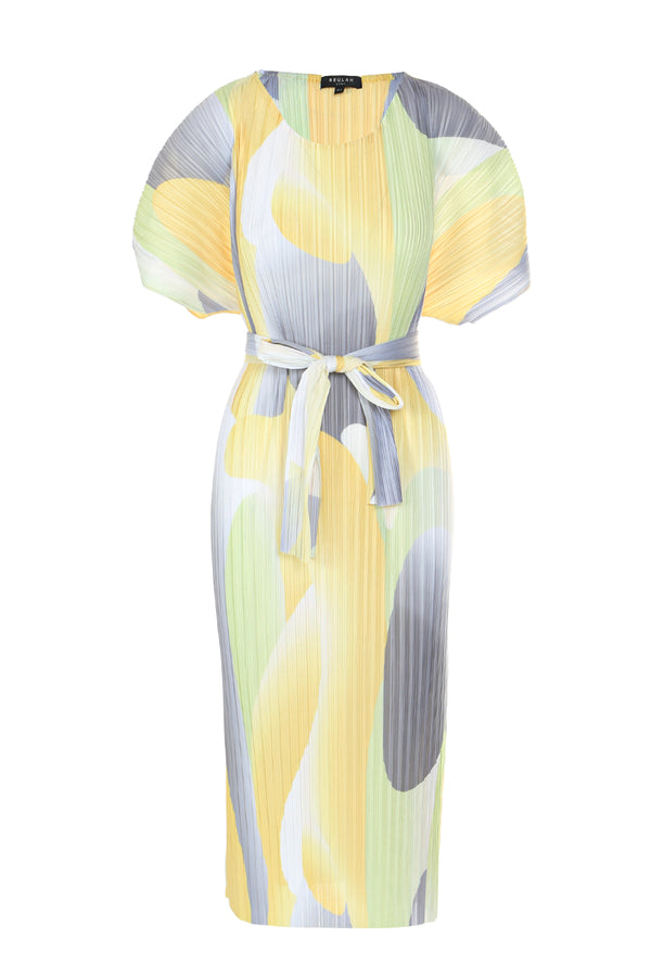 Zane Multicolor Abstract Belted Puff Pleats Midi Dress - Shop Beulah Style