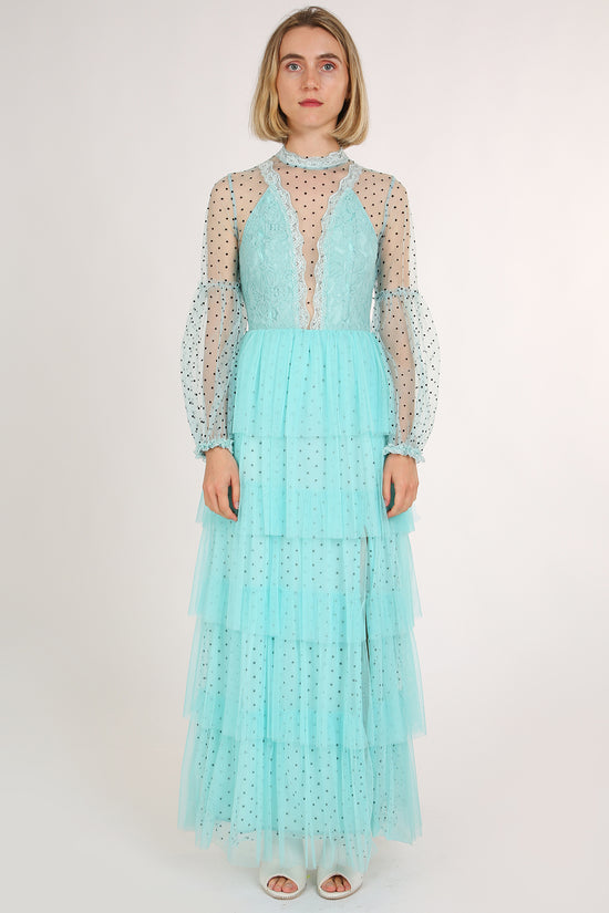 Mercy Polka Dot Printed Mesh Layered Long Dress - Shop Beulah Style