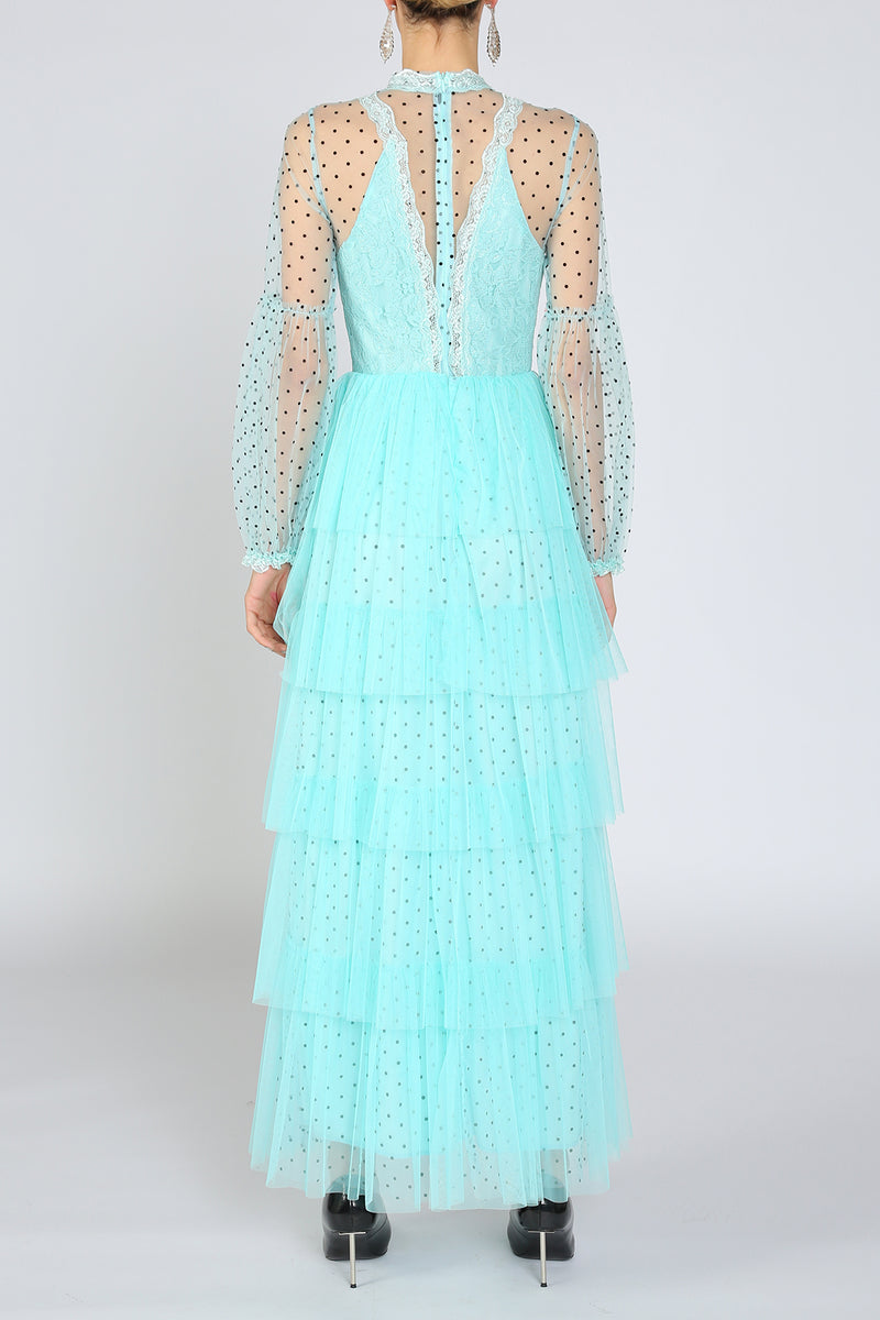 Mercy Polka Dot Printed Mesh Layered Long Dress - Shop Beulah Style