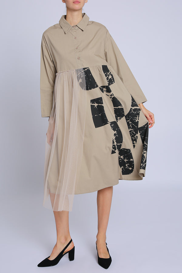 Amira Abstract Printed Asymmetrical Ruffled Tulle Midi Shirt Dress