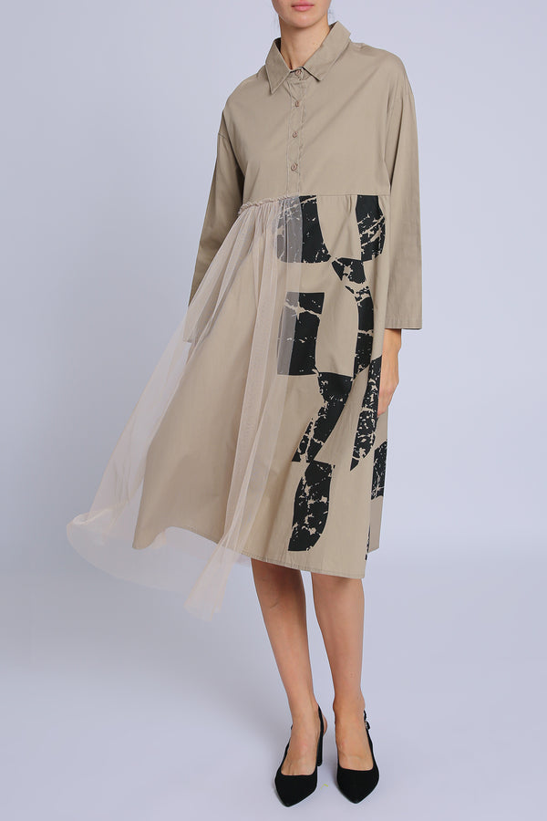 Amira Abstract Printed Asymmetrical Ruffled Tulle Midi Shirt Dress