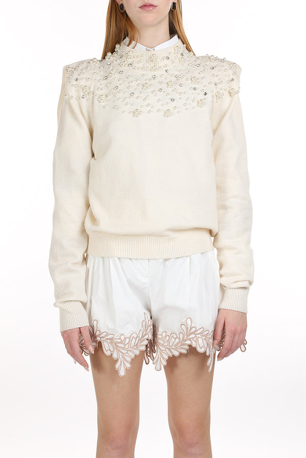 Ashley Pearl Embellished Knit Top Sweater - Shop Beulah Style