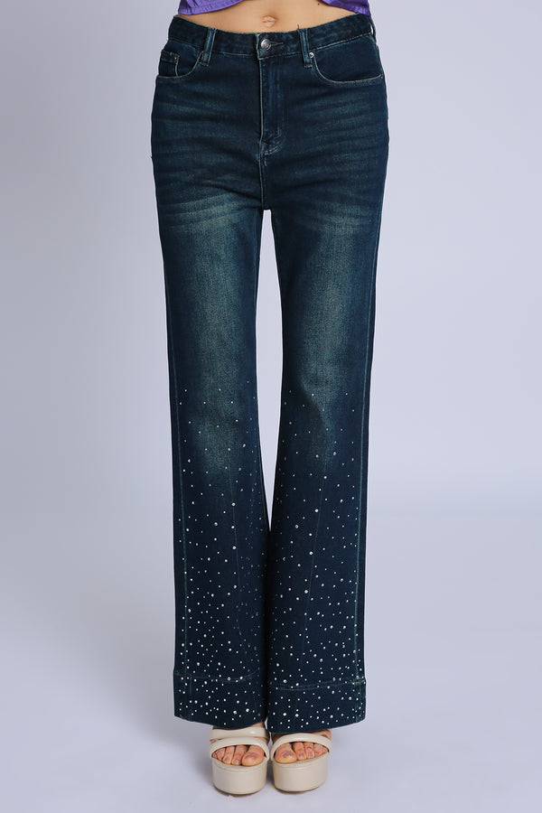 Jon Micro Rhinestone Embellished Wide Leg Denim Pants - Shop Beulah Style