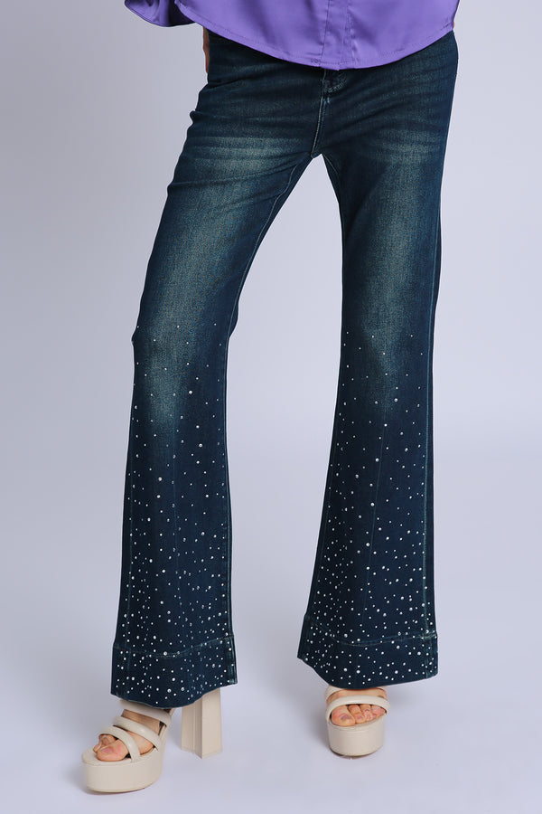 Jon Micro Rhinestone Embellished Wide Leg Denim Pants - Shop Beulah Style