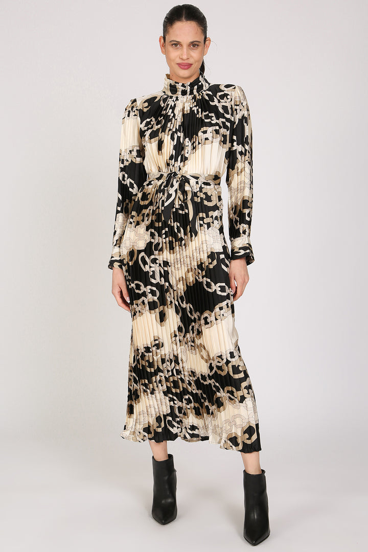 Moxie Chain Linked Pattern Print Pleats Maxi Dress