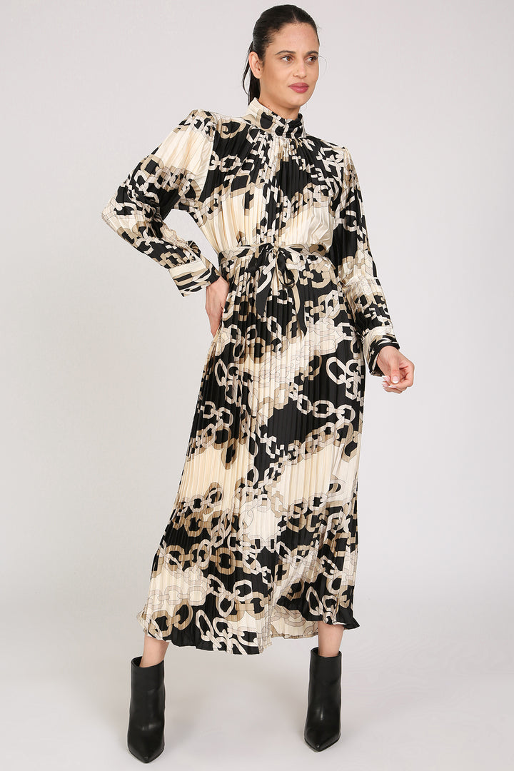 Moxie Chain Linked Pattern Print Pleats Maxi Dress