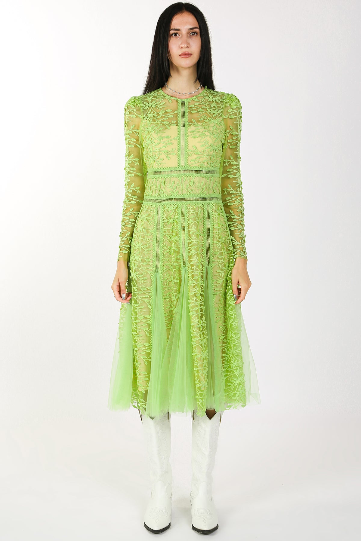 Marley Floral Embroidery Mesh Hollow Out Detail Midi Dress