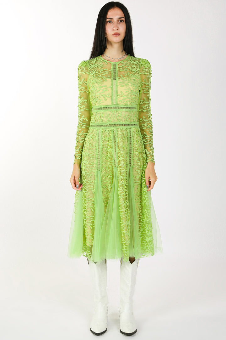 Marley Floral Embroidery Mesh Hollow Out Detail Midi Dress