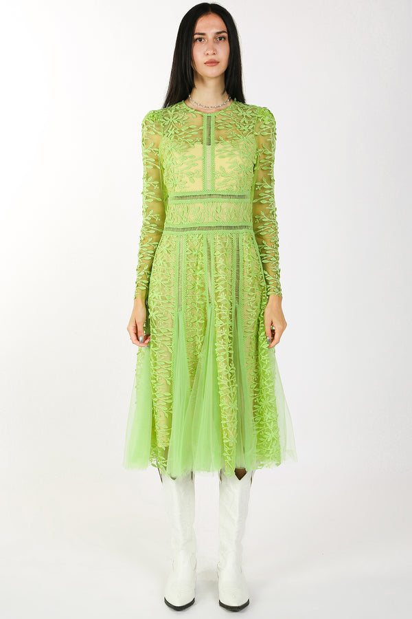 Marley Floral Embroidery Mesh Hollow Out Detail Midi Dress
