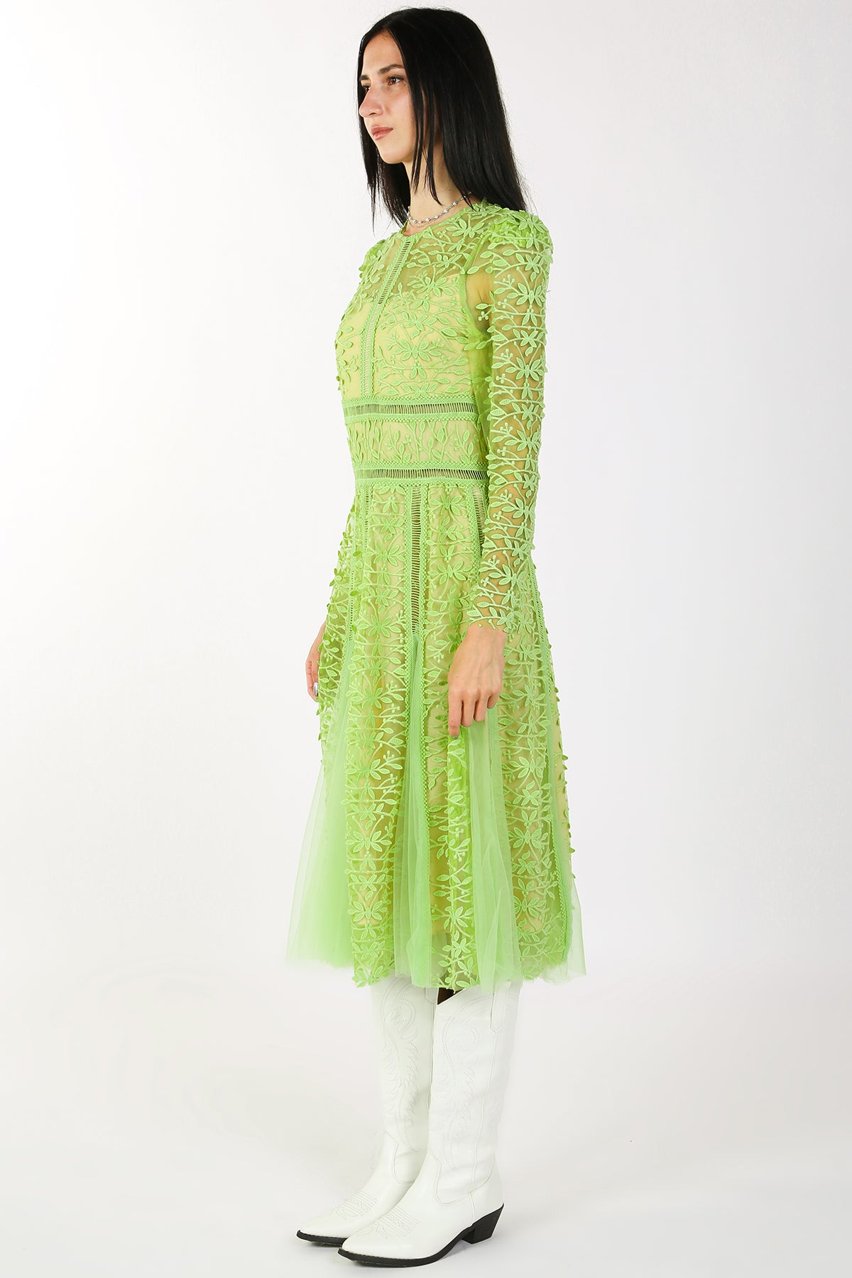 Marley Floral Embroidery Mesh Hollow Out Detail Midi Dress