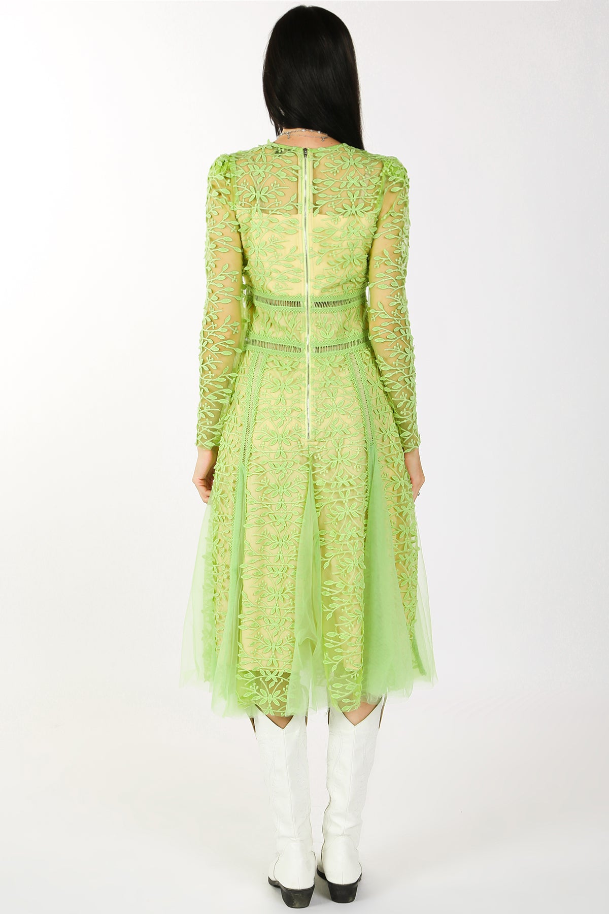 Marley Floral Embroidery Mesh Hollow Out Detail Midi Dress
