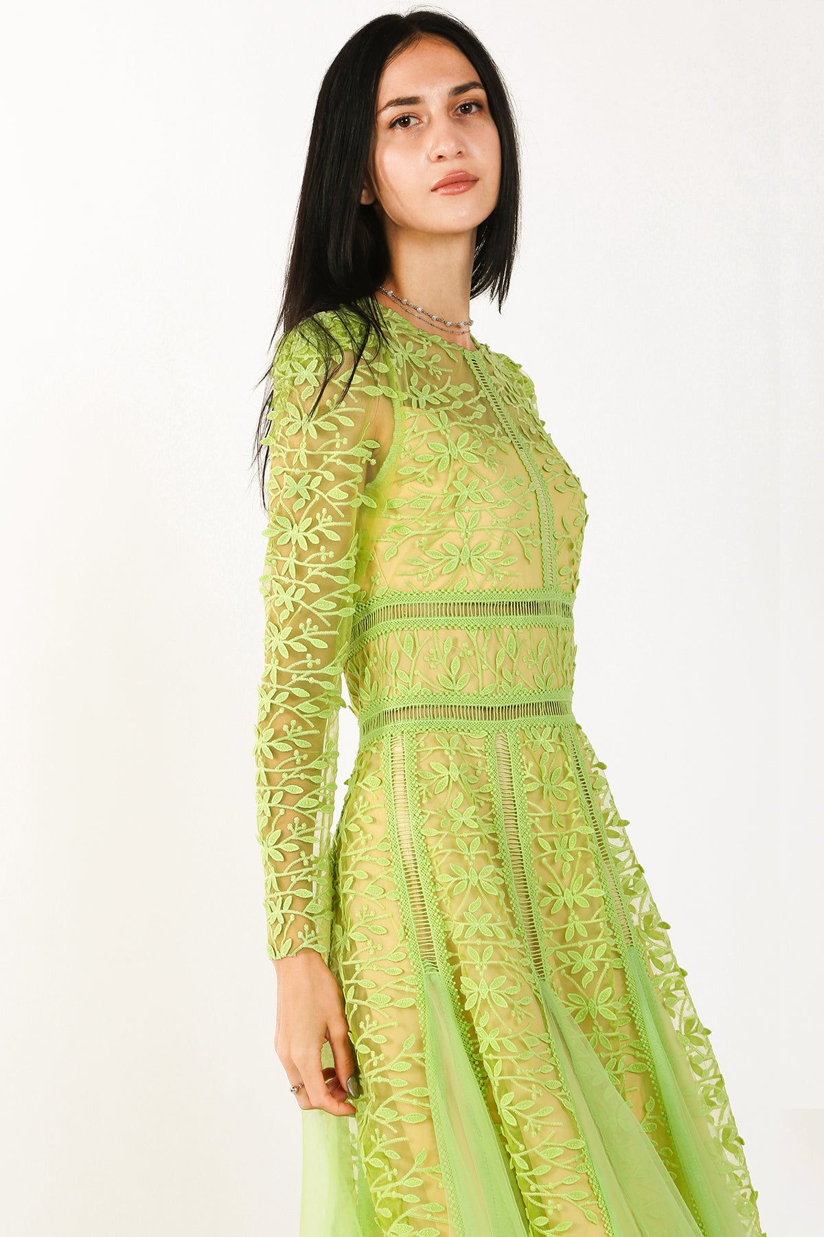Marley Floral Embroidery Mesh Hollow Out Detail Midi Dress