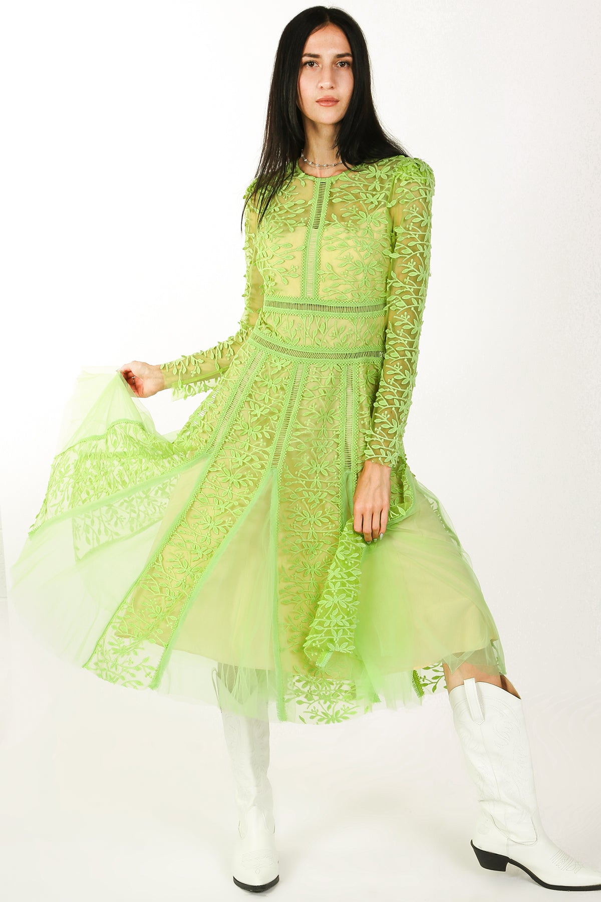 Marley Floral Embroidery Mesh Hollow Out Detail Midi Dress