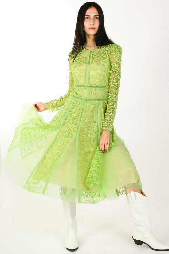 Marley Floral Embroidery Mesh Hollow Out Detail Midi Dress