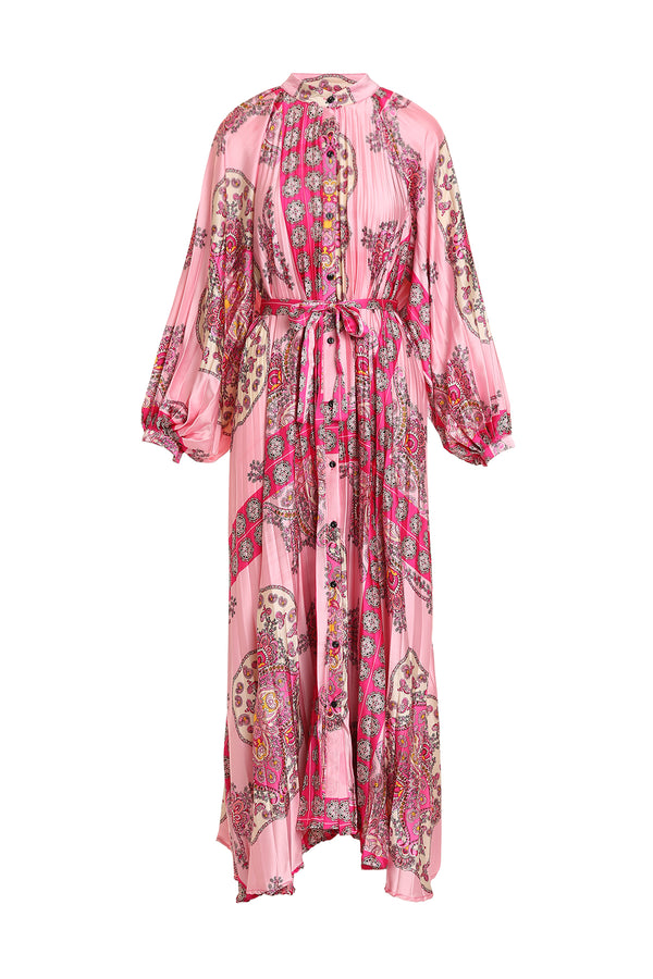 Ellen Multi Printed Pleats Belted Maxi Dress