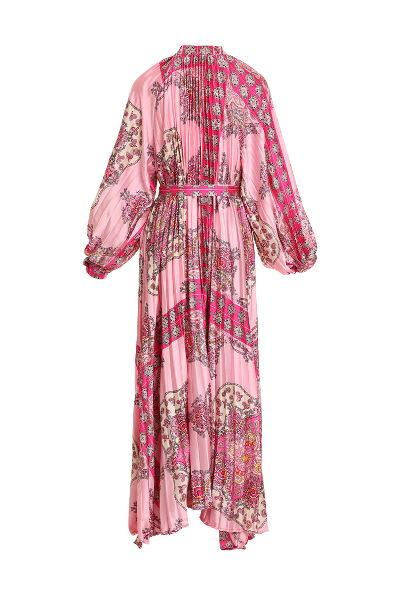 Ellen Multi Printed Pleats Belted Maxi Dress