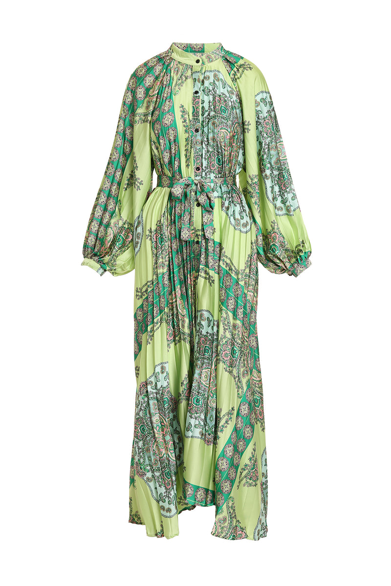 Ellen Multi Printed Pleats Belted Maxi Dress