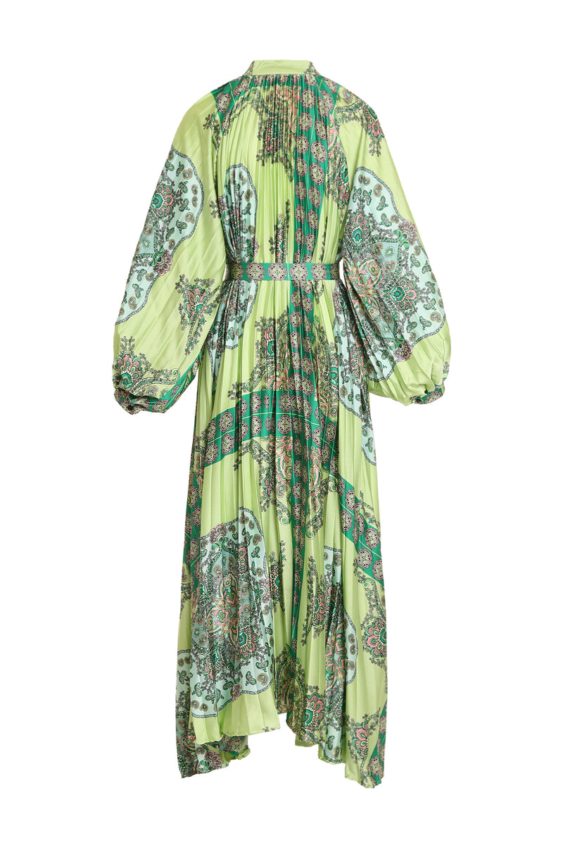 Ellen Multi Printed Pleats Belted Maxi Dress