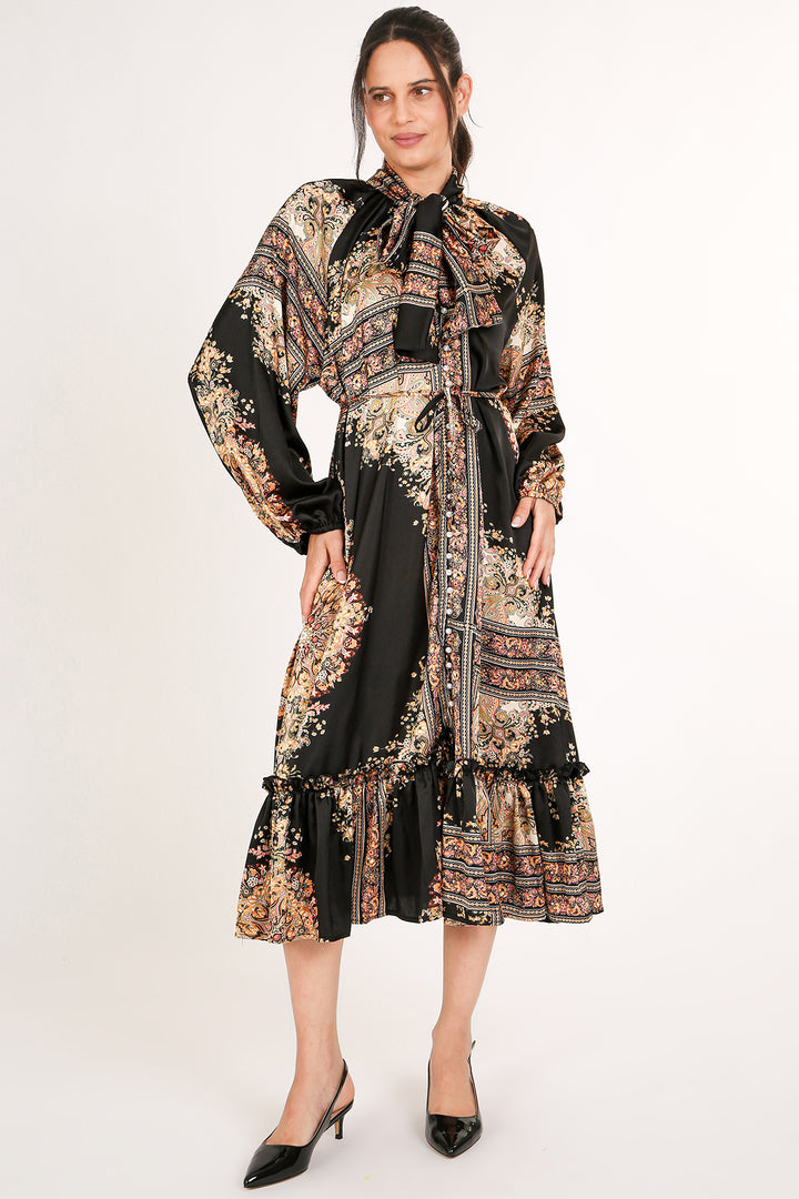Jupiter Multi-Print Bowtie Satin Midi Dress