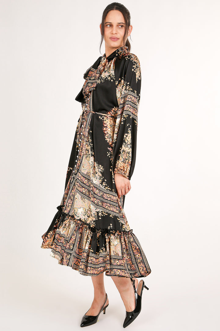Jupiter Multi-Print Bowtie Satin Midi Dress
