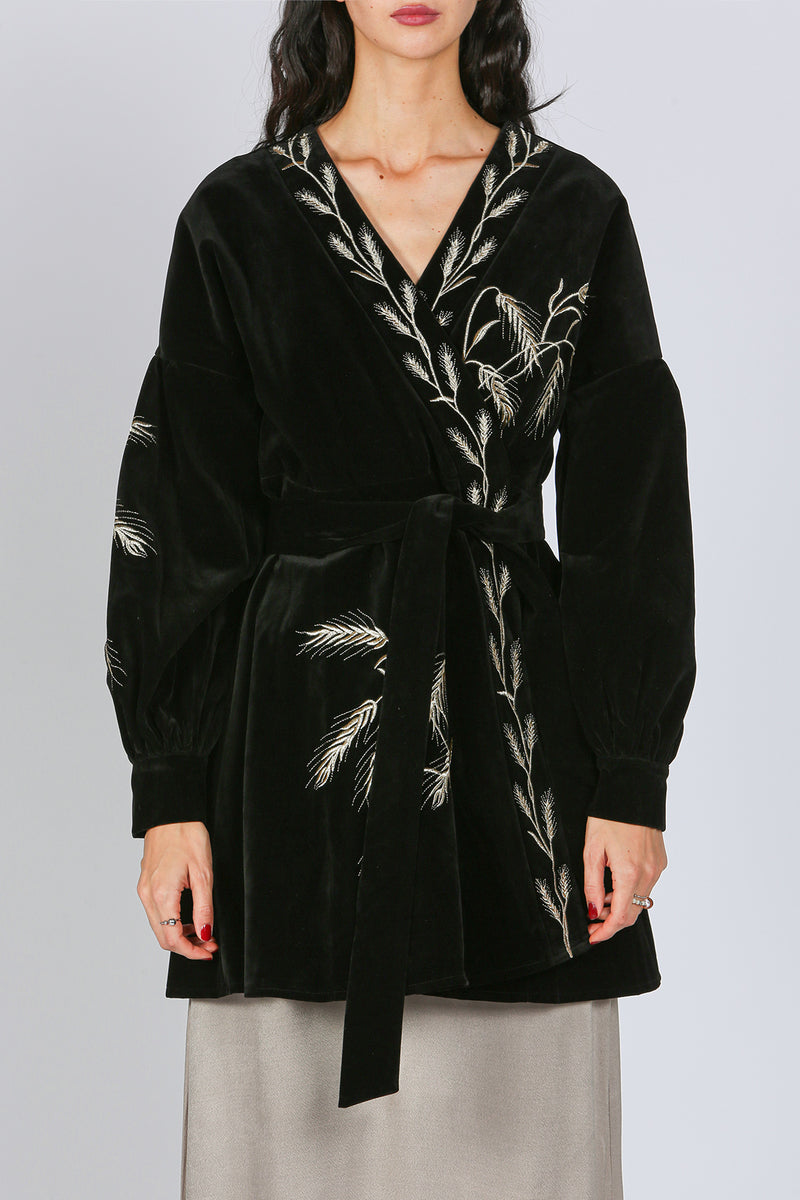 Blaine Embroidered Velvet Belted Robe Mini Dress - Shop Beulah Style