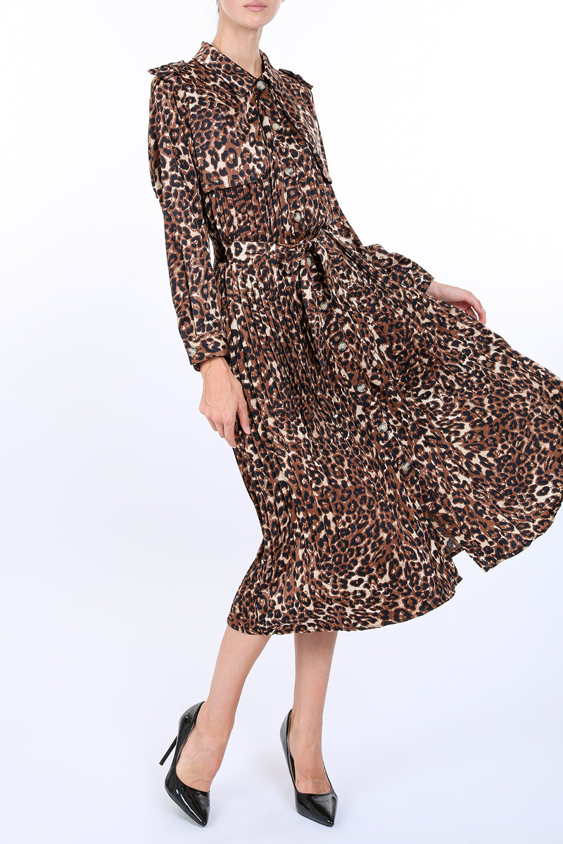 Casper Leopard Print Pleat Belted Storm Flap Midi Dress - Shop Beulah Style