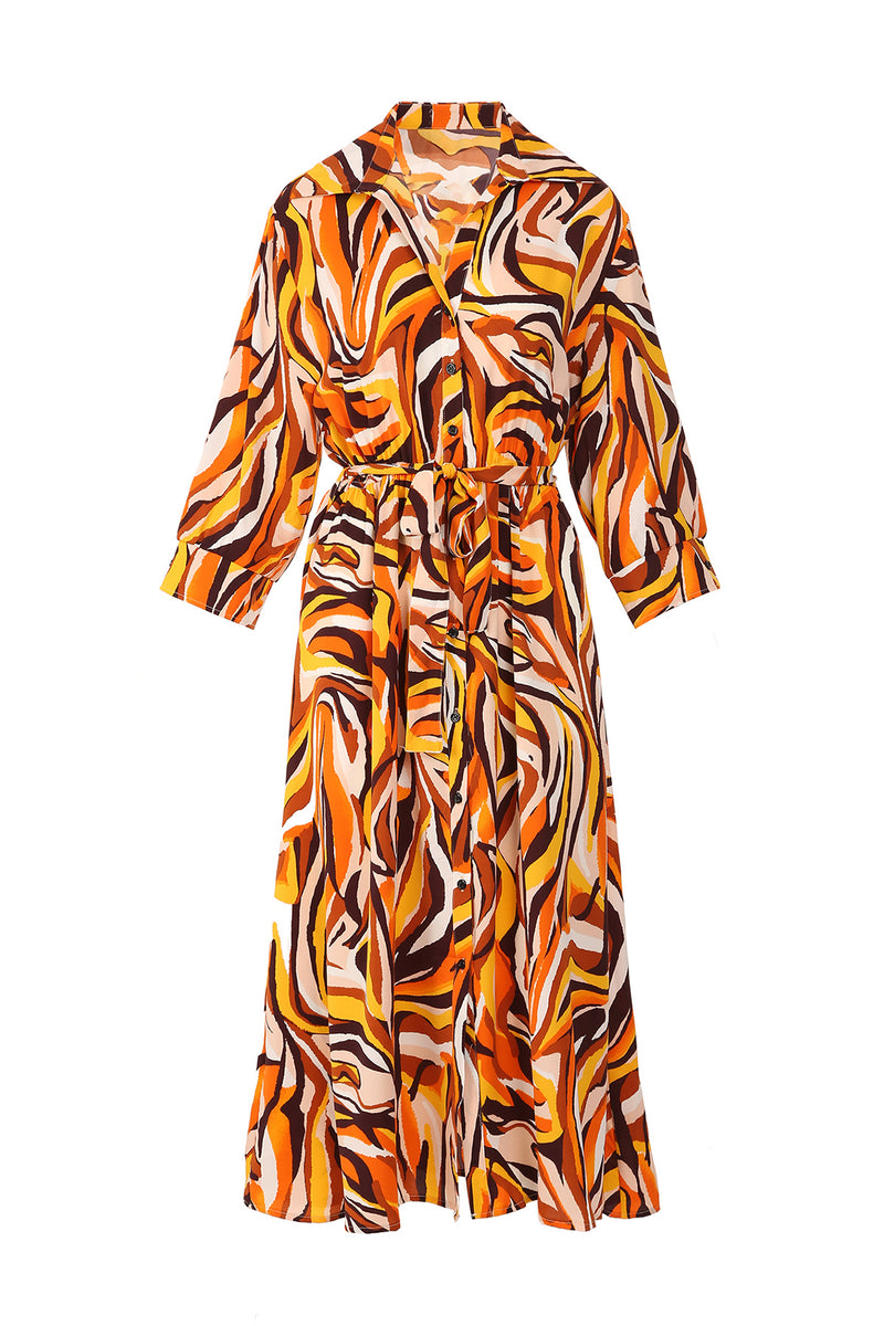 Xiana Multicolor Abstract Swirl Print Belted Midi Shirt Dress