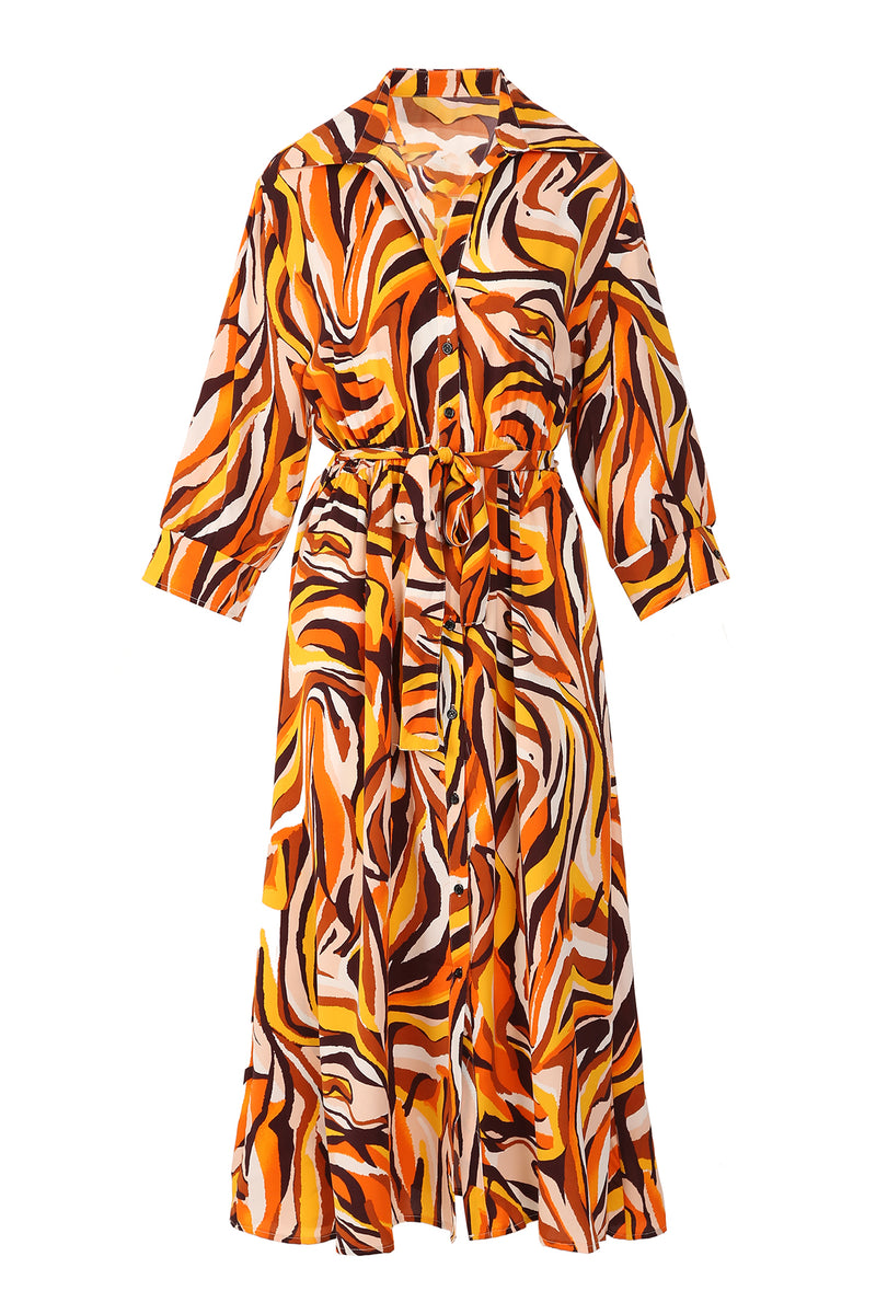 Xiana Multicolor Abstract Swirl Print Belted Midi Shirt Dress