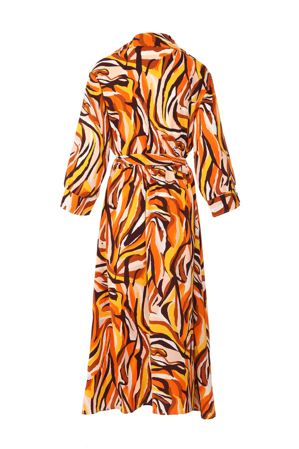 Xiana Multicolor Abstract Swirl Print Belted Midi Shirt Dress