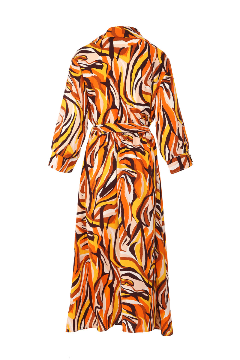 Xiana Multicolor Abstract Swirl Print Belted Midi Shirt Dress