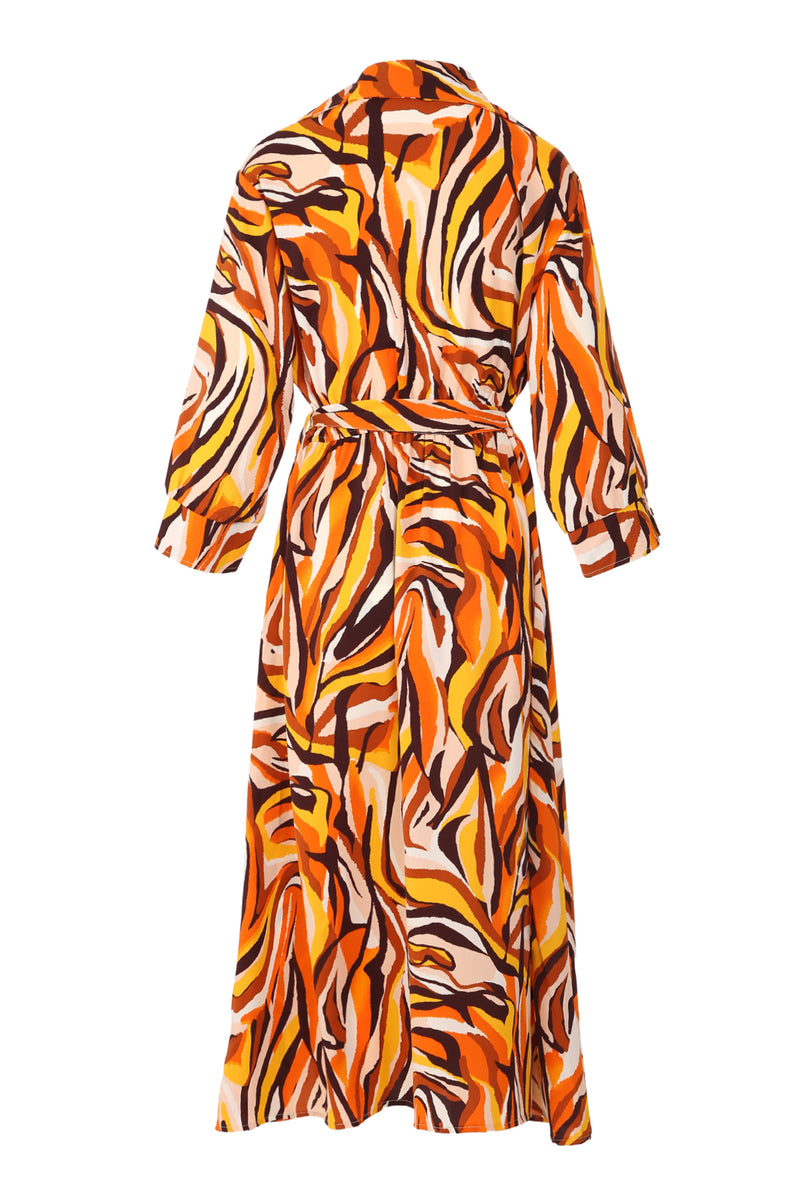 Xiana Multicolor Abstract Swirl Print Belted Midi Shirt Dress